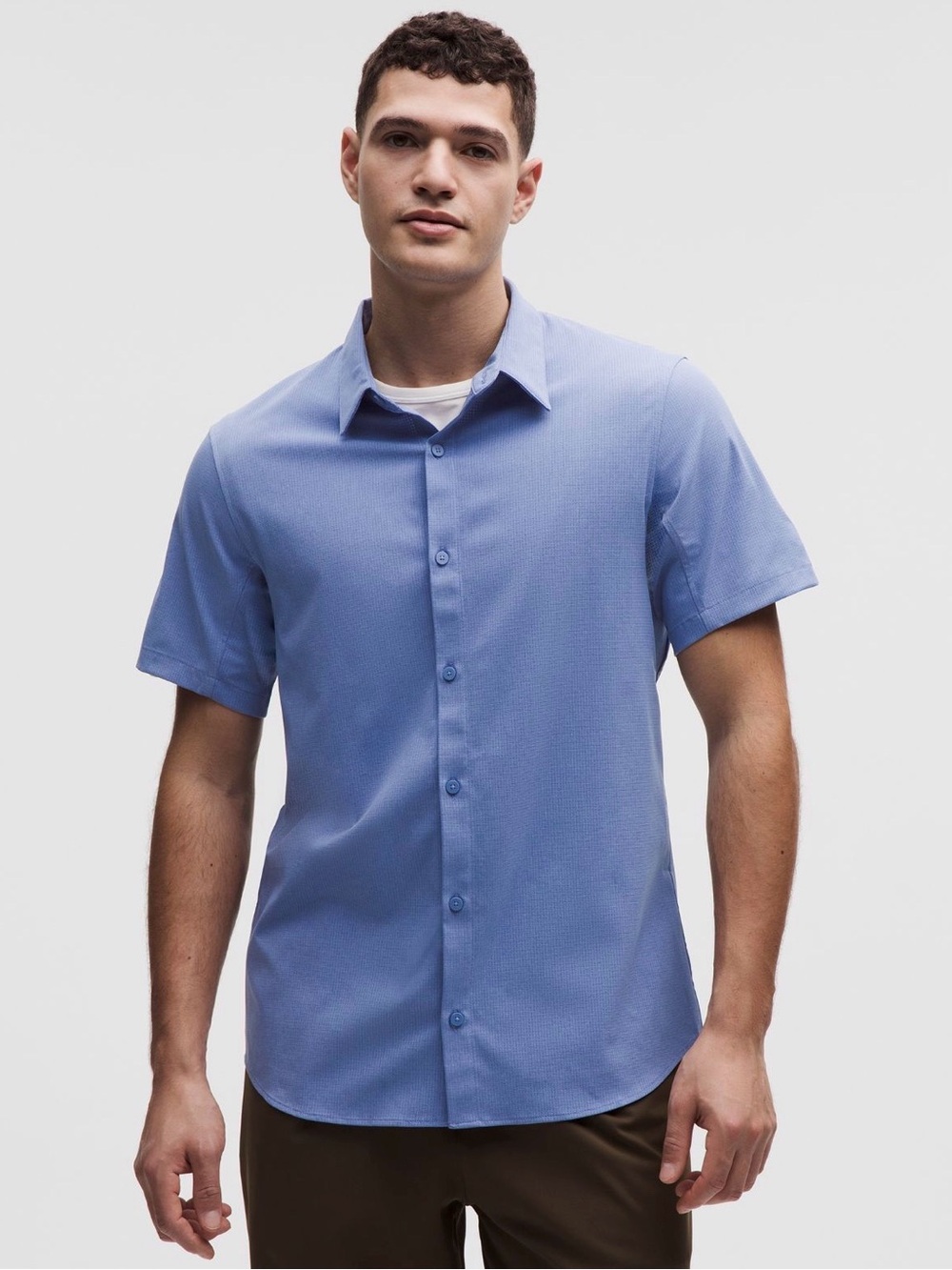Lululemon Airing Easy Short Sleeve Button Up Shirt Medium Mens Blue No Sz Dot